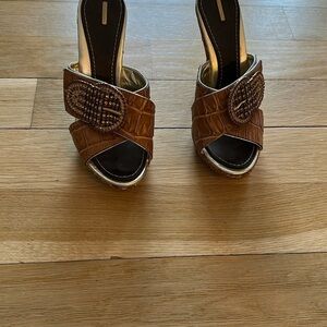 Massimmio Dogano Vintage Brown and Gold High Heel Mules with Platform